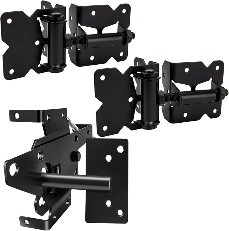 CMOOD Self Locking Gate Latch and Gate Hinges Set Heavy Duty Hardware Hinges for Vinyl and Wood Fence with Installation Screws and Swing Adjuster Tool Heavy Duty 1 Gate Latch 2 Gate Hinge - Image 1